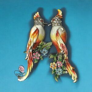 Vintage Coro Duette Brooch Pin Enameled Parrots & Rhinestones 1940s Jewelry